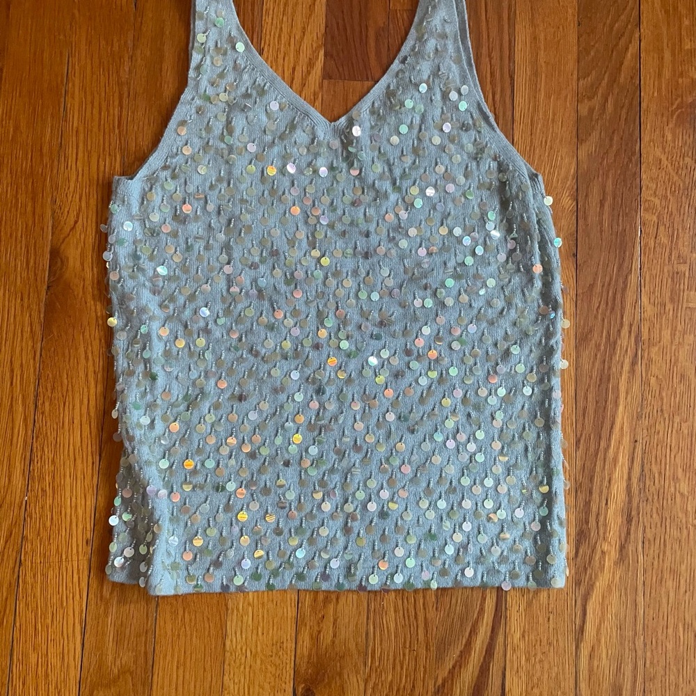 Saks Fifth Avenue Cashmere Light Blue Sequin Tank Top - Picture 3 of 3